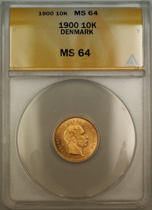 1900 Denmark 10K Kroner Gold Coin ANACS MS-64