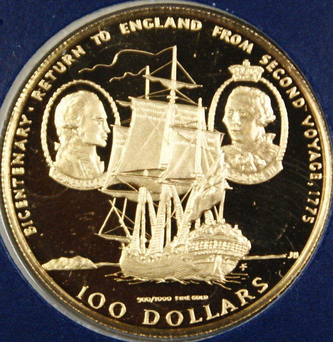 1975 $100 Cook Islands Proof Gold Coin, 900/1000 Fine Gold, Capt. Cook In Binder