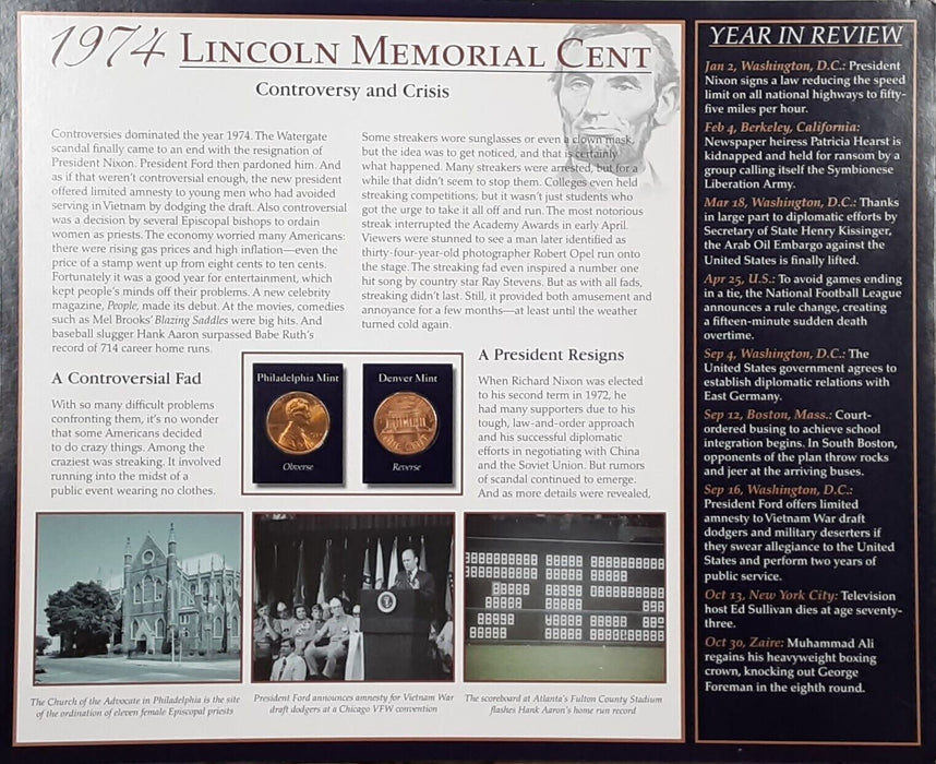 1974 Lincoln Cent / The Years Historic Events on Informative Card - See Photos