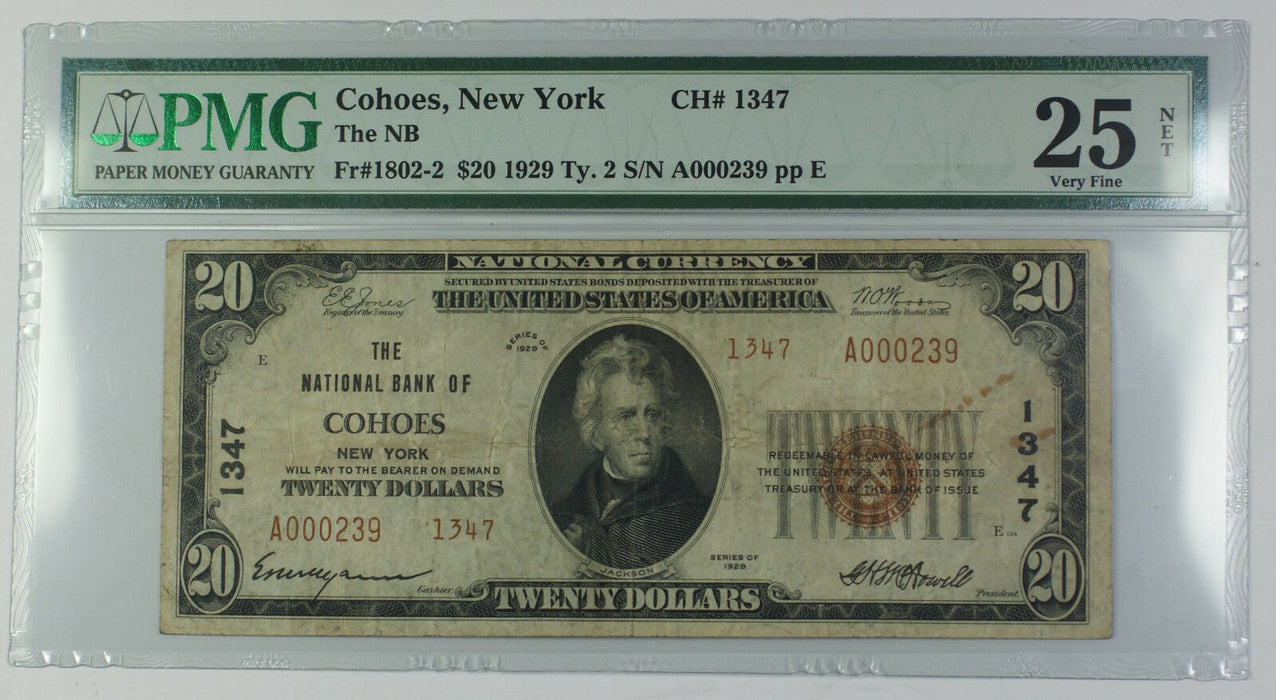 1929 Type 2 $20 National Currency Banknote Cohoes NY Charter# 1347 PMG VF-25 Net