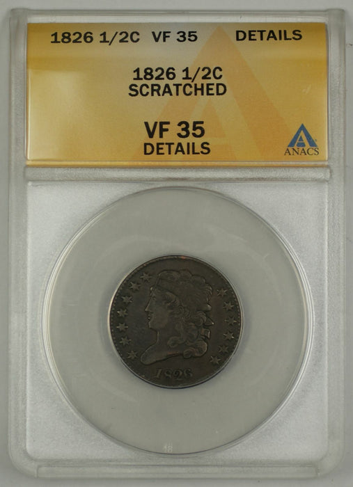1826 Classic Head Half Cent Coin ANACS Scratched VF-35 Details