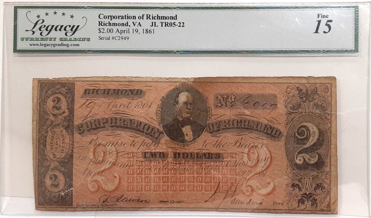 1861 Corp of Richmond, VA $2 Note JR TR05-22 Legacy Fine-15 W/Comments