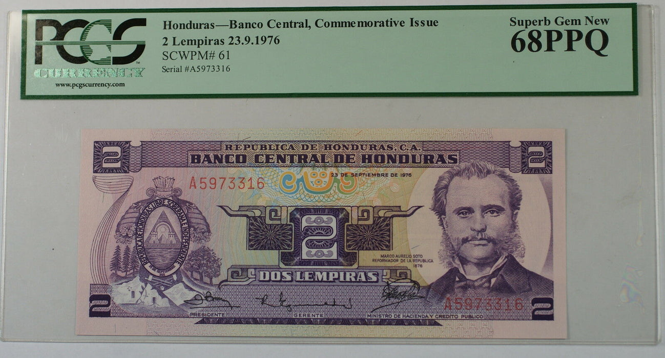 1976 Honduras Banco Central 2 Lempiras Commem Note SCWPM# 61 PCGS 68 PPQ GEM New