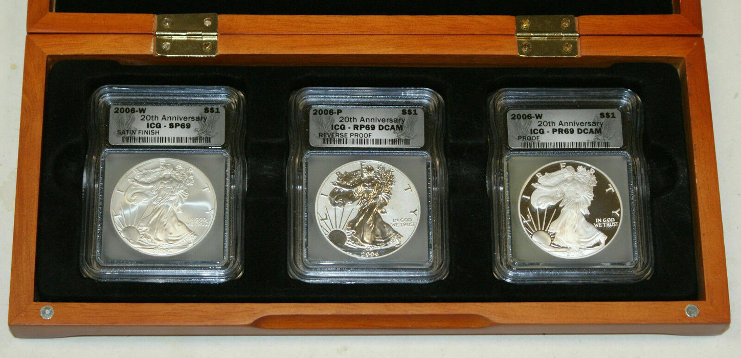 2006 Silver Eagle 3 Coin Set ICG 69 BU / Proof / Reverse Proof 20th Anniversary