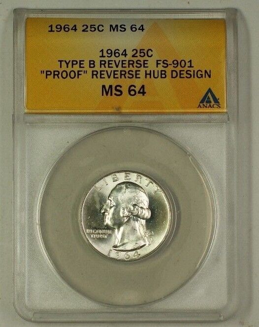 1964 Washington Silver Quarter Coin Type B Rev Hub Design FS-901 ANACS MS-64 C