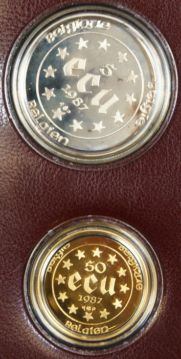 1987 Belgium Ecu Gold & Silver Coin Set, Charles V, Treaty of Rome, In Box w COA