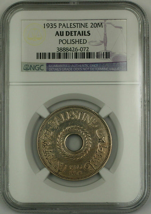 1935 Palestine 20M Twenty Mils Coin NGC AU Details Polished