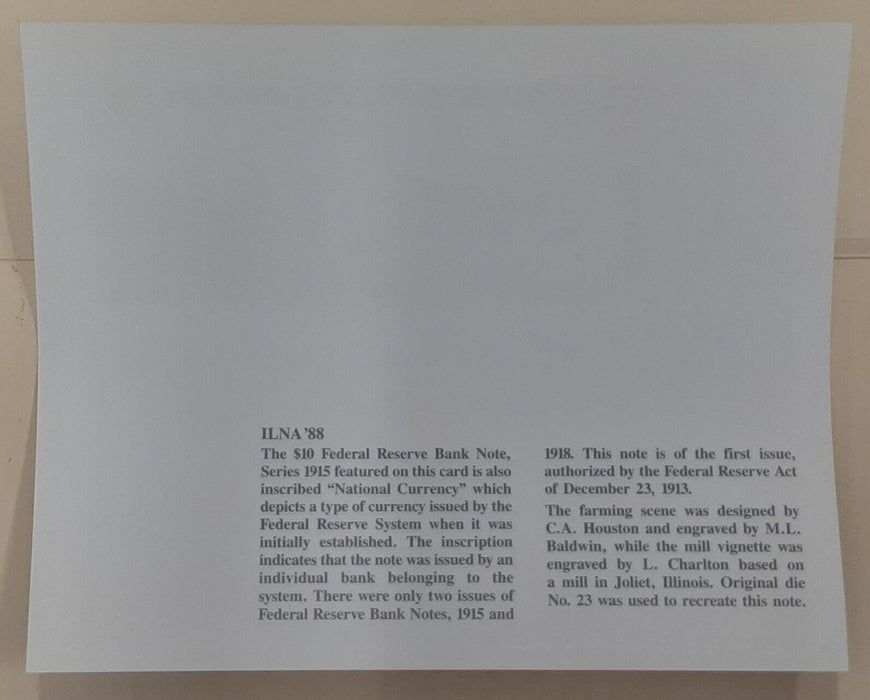 BEP Souvenir Card B 119 ILNA 1988 back 1915 $10 FRN Show Cancelled