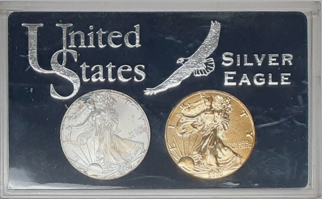 2000 ASE Set 1 Oz Troy .999 Silver Each - One UNC/One Gold Plated in Case