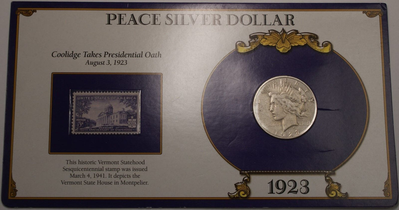 1923 Peace Silver Dollar Coin In Stamped Holder with Info Vermont Statehood