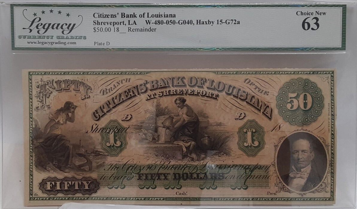 18__ Citizen's Bank Of LA at Shreveport $50 Rem. Note  Legacy Choice New 63