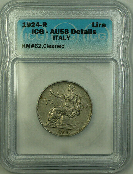 1924-R Italy Nickel 1 Lira Coin ICG AU-58 Details Cleaned KM#62