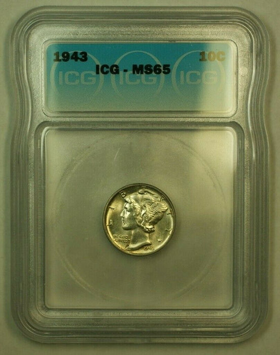 1943 Silver Mercury Dime 10c Coin ICG MS-65 G Lightly Toned