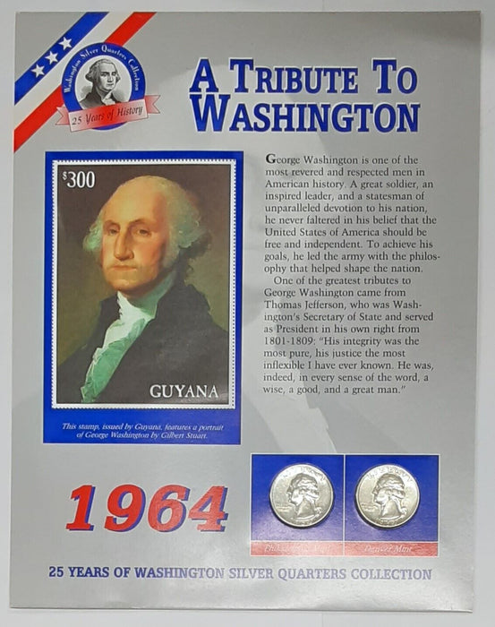 1962 P & D Washington Silver Quarter Two Coin Circulated Set $60 Guyana Stamp