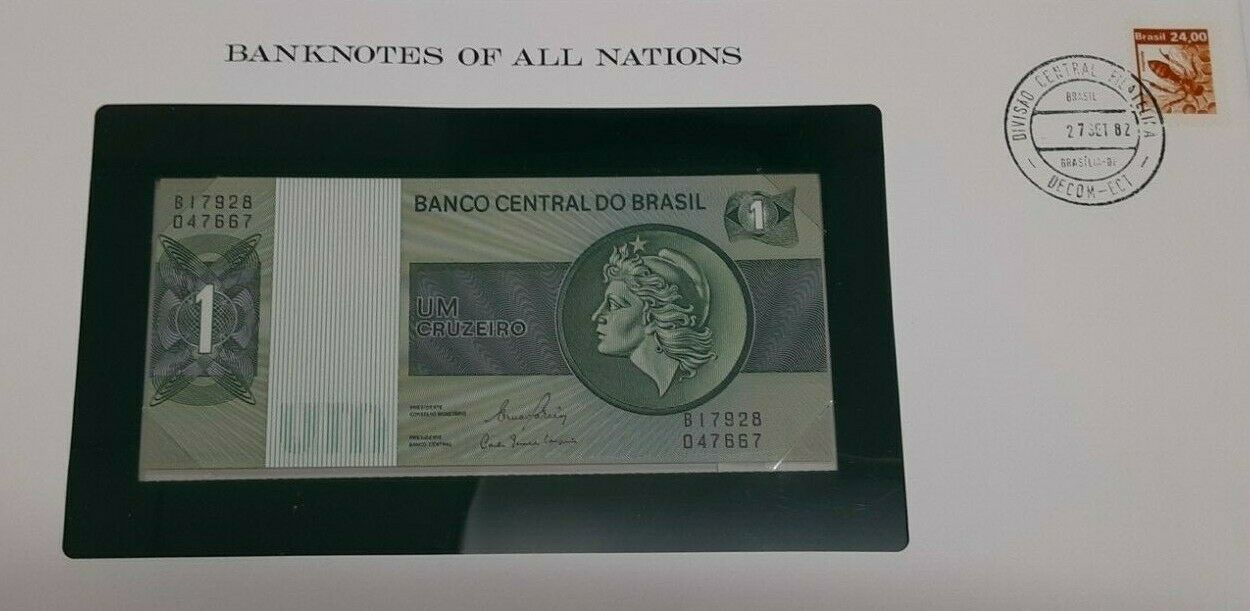 1982 Brazil One Cruzeiro Banknote Crisp Uncirculated in Stamped Envelope