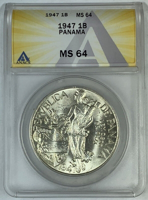 1947 Panama 1 Balboa Coin ANACS MS 64