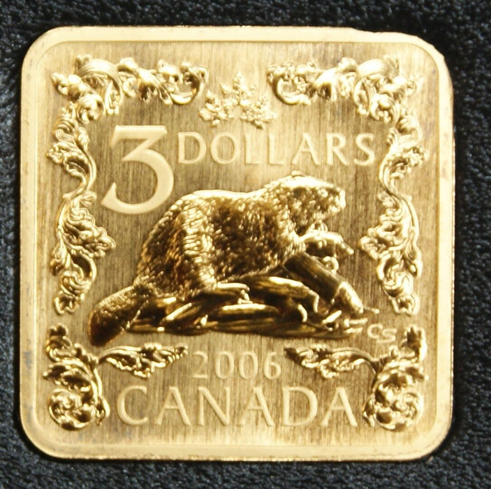 2006 Canada $3 Beaver Square Gold Plated .925 Silver Coin-Box & COA