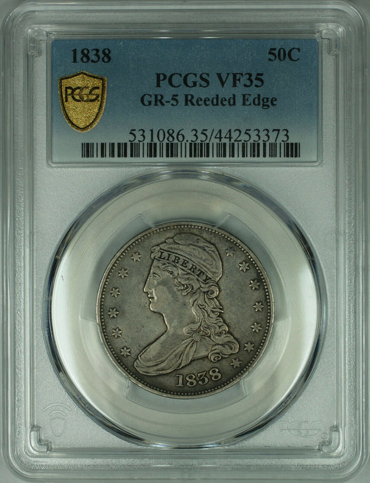 1838 Capped Bust Silver Half Dollar 50c Coin PCGS VF-35 GR-5 Reeded Edge