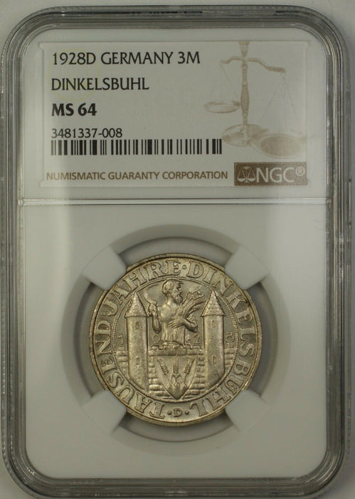 1928D Germany Dinkelsbuhl 3M Three Marks Silver Coin NGC MS-64