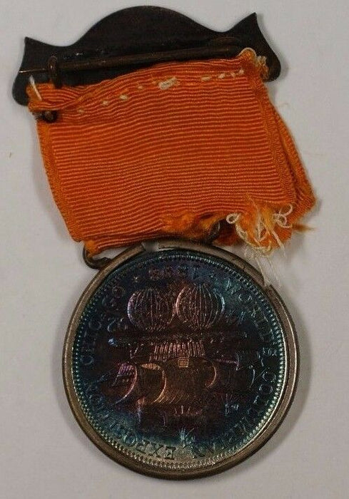 "Columbus Day Badge" 1893 Columbus Half BEAUTIFUL TONING In Medal and RIbbon GH