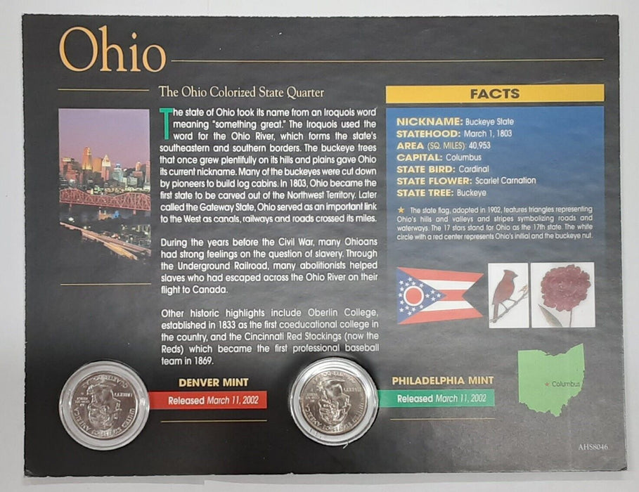 (2) 2002 Ohio Colorized State Quarter P&D-BU-w/Colorful Display Card