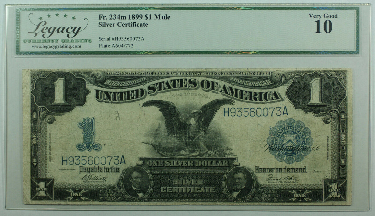 1899 $1 One Dollar Silver Certificate Black Eagle Mule Note Fr 234m Legacy VG-10
