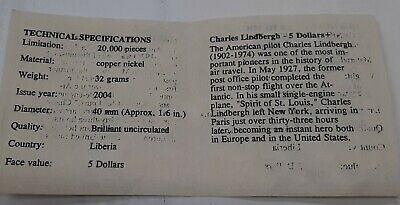 2004 Republic of Liberia Charles Lindbergh 5 Dollar BU Coin as Issued