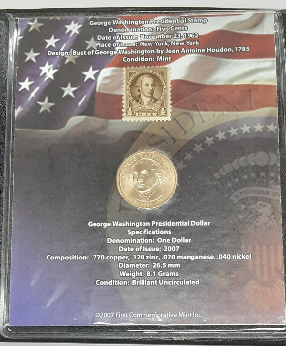 2007 George Washington Presidential $1 Coin Uncirculated w/Stamp in FCM Folder