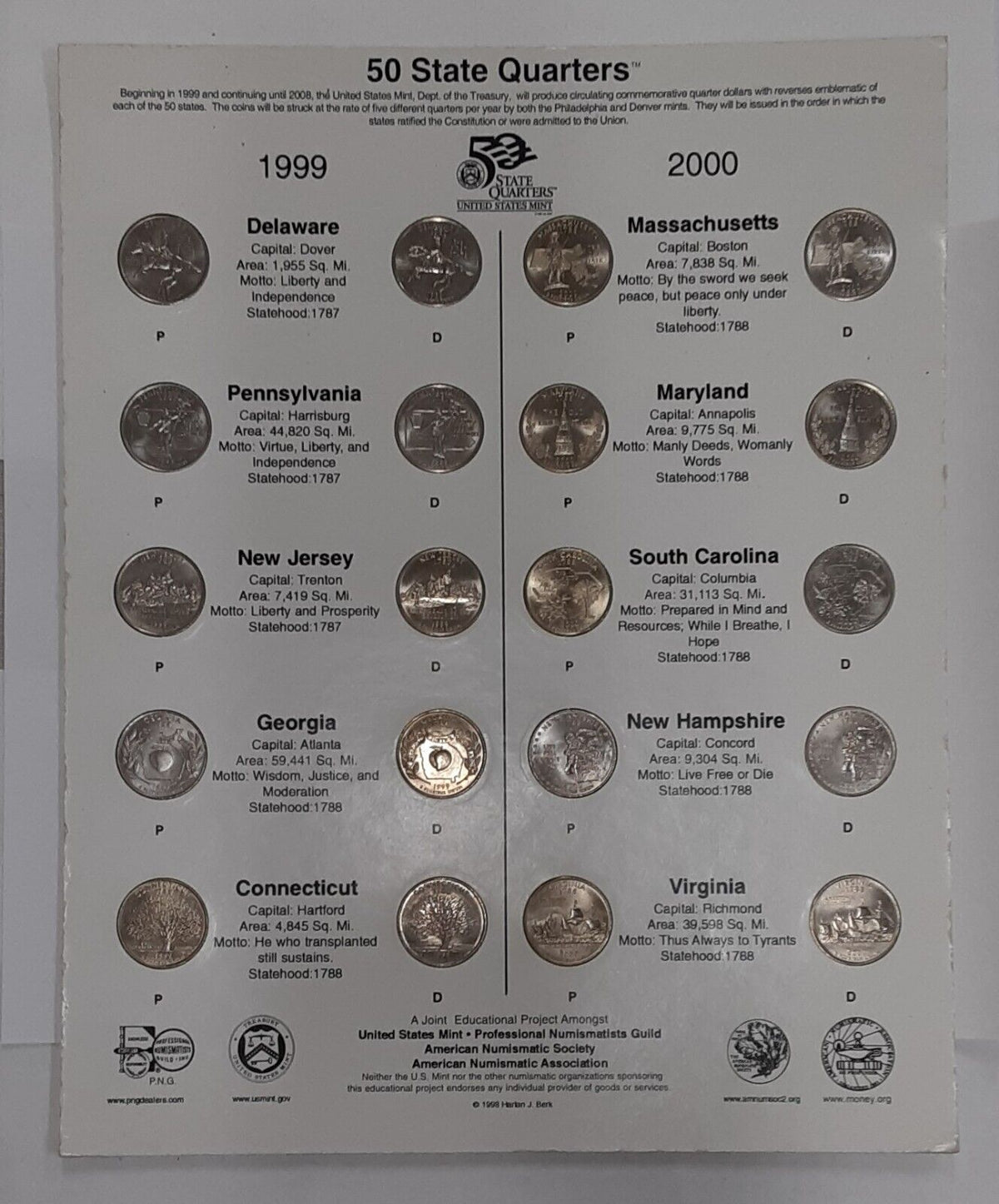 1999-2000 Statehood Quarters Set - 20 Unc Coins Total On Png Ana Card 