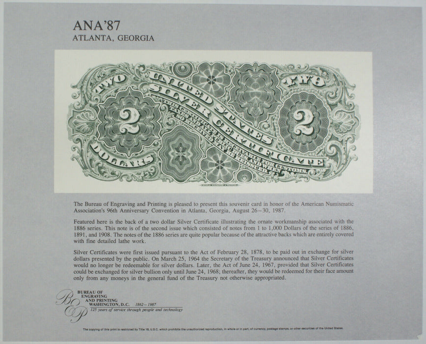 BEP souvenir card B 106 1987 ANA 1886 $2 Silver Certificate Back