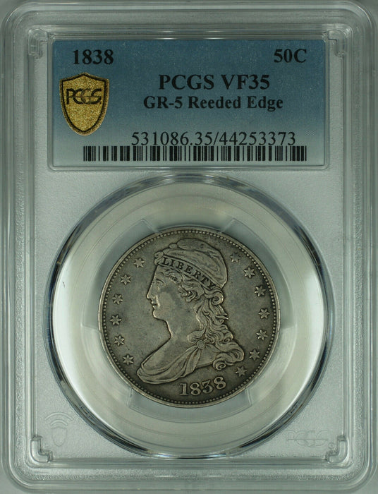 1838 Capped Bust Silver Half Dollar 50c Coin PCGS VF-35 GR-5 Reeded Edge RR