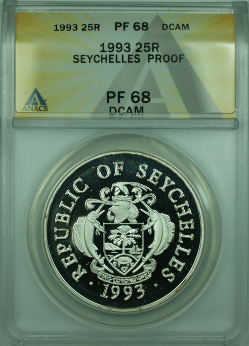 1993 Seychelles 25 Rupees Proof Silver Coin ANACS PF-68 DCAM (WB1)