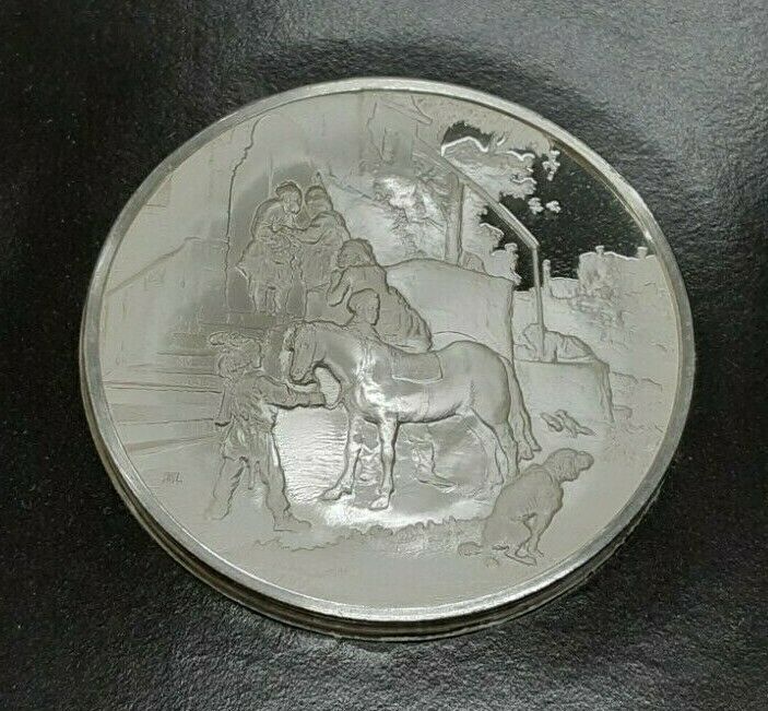 Franklin Mint Genius/Rembrandt PR .925 Silver Medal-The Good Samaritan in Card