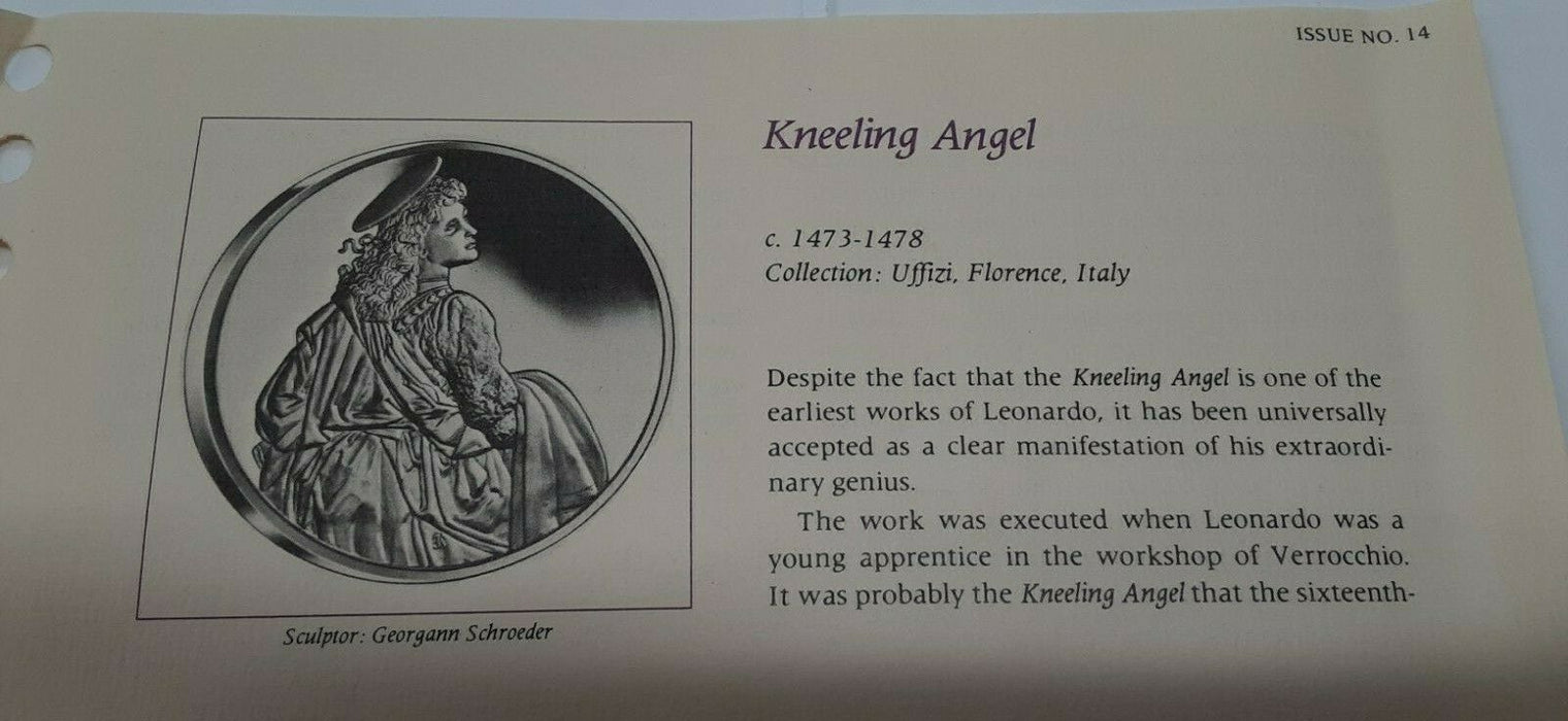 Franklin Mint Genius/DaVinci PF Gold Plated .925 Silver Medal- Kneeling Angel