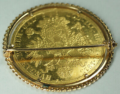 1915 Austria 4 Ducat Restrike Gold Coin in 18K Gold Rope Bezel Pin Brooch