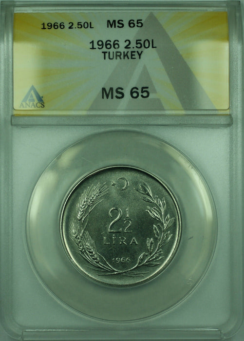 1966 2.50L Turkey ANACS MS 65 2 1/2 Lira Steel Coin KM#893.1