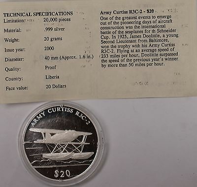 2000 Republic of Liberia US Army Curtiss R3C-2 20 Dollar Silver Gem Proof Coin