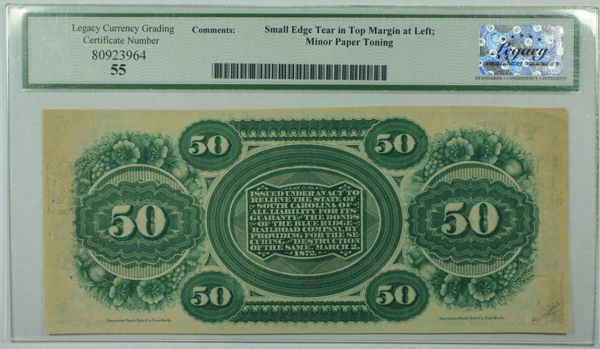 Cr. 8 1872 $50 Note State of South Carolina Columbia, SC Legacy Ch Abt New 55