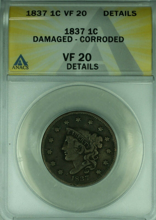 1837 Coronet Head Large Cent ANACS VF-20 Details Damaged-Corroded (42)