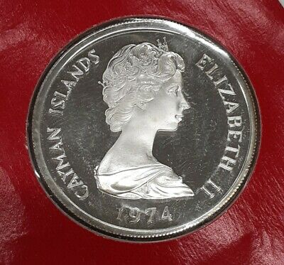 1974 Cayman Islands 5 Dollar Sterling Silver Coin - Queen Elizabeth II