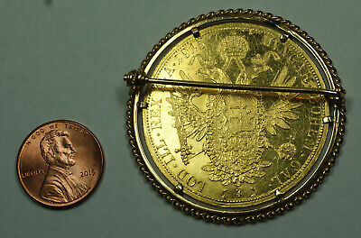 1915 Austria 4 Ducat Restrike Gold Coin in 18K Gold Rope Bezel Pin Brooch