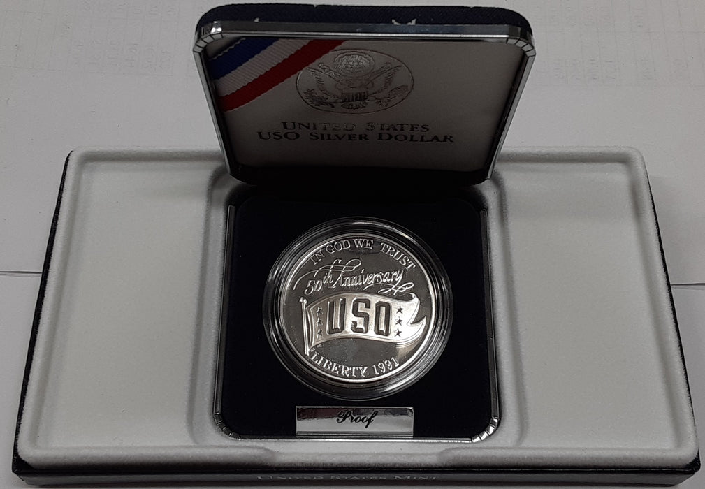 1991-S USO Commemorative Uncirculated Proof Silver Dollar Coin In Box w/ COA