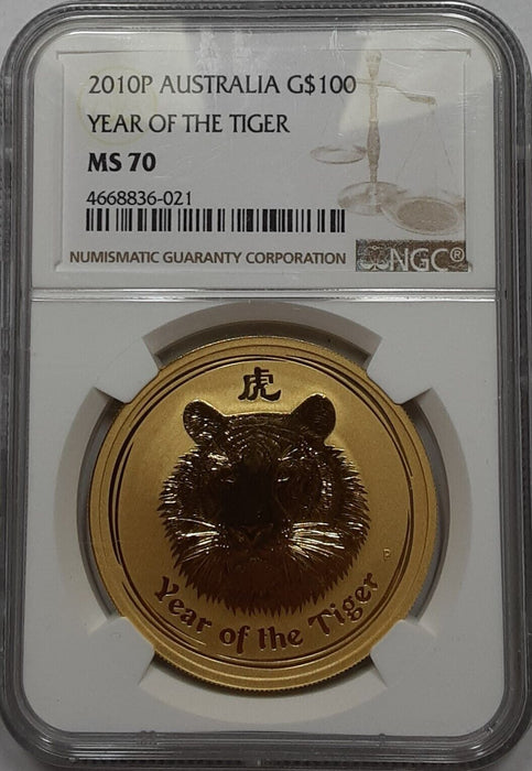 2010 Australia $100 Dollar 1 Ounce .9999 Gold Coin Lunar Series Tiger NGC MS-70