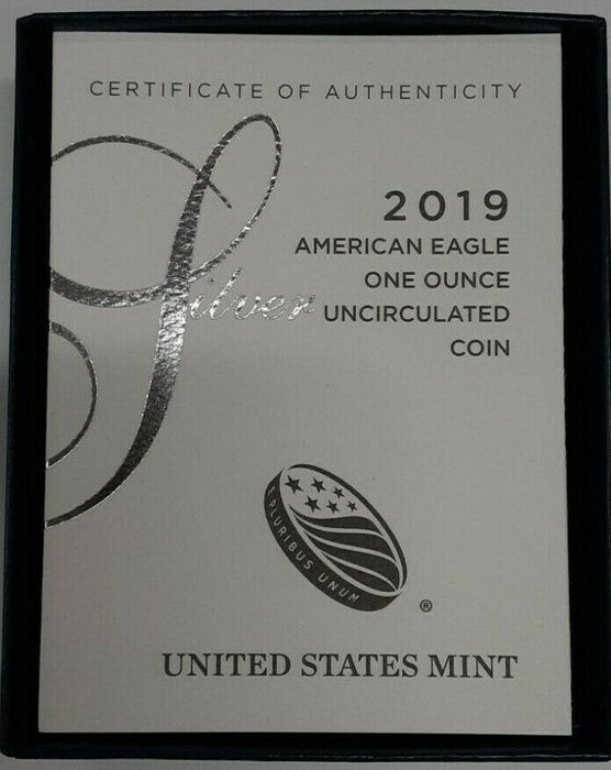 2019-W BU American Silver Eagle S$1 1 Oz Troy .999 Fine in OGP With COA