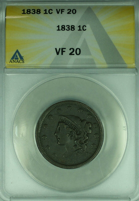 1838 Coronet Head Large Cent ANACS VF-20 (42A)