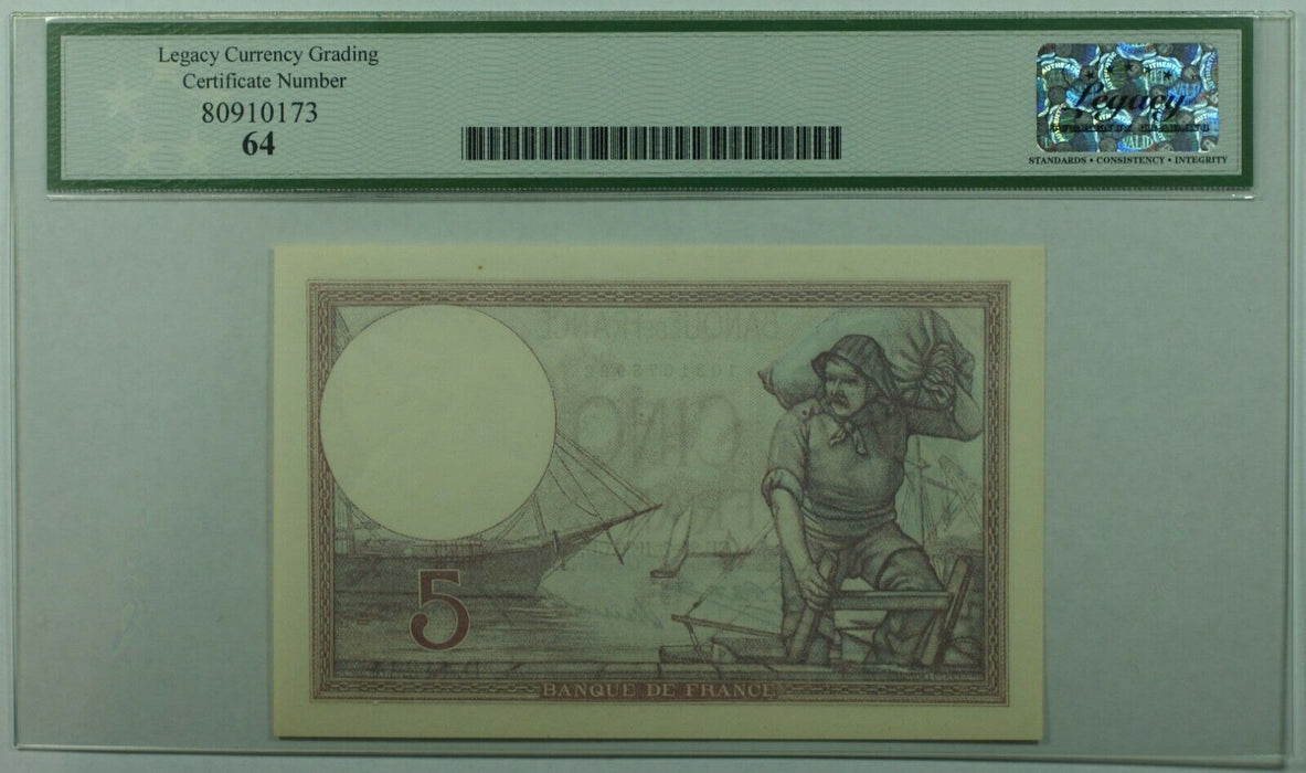 1926-32 5 Francs Banque de France Currency SCWPM# 72d Legacy Very Ch New-64