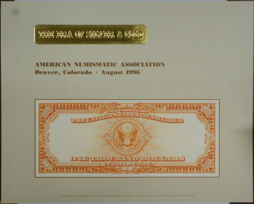 BEP souvenir card B 211 1996 ANA 1907 Back $1000 Gold Certificate