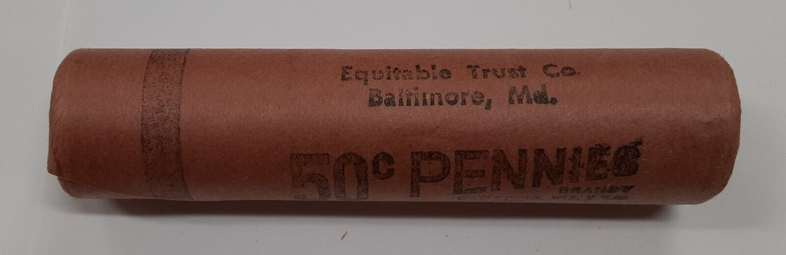 1958 Lincoln Cent Roll BU 50 Coins in OBW From Equitable Trust Co in Baltimore
