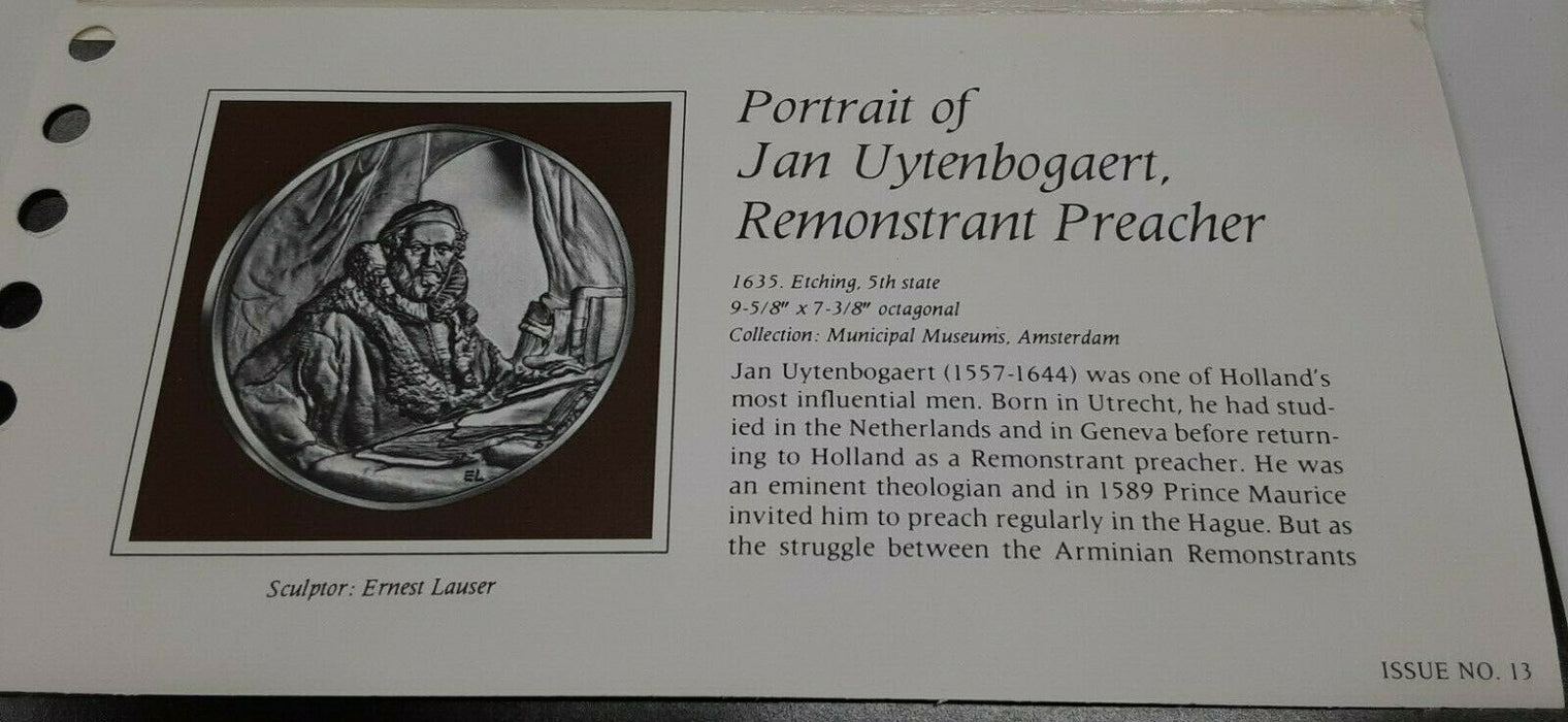 Franklin Mint Genius/Rembrandt PR .925 Silver Medal-Jan Uytenbogaert in Card