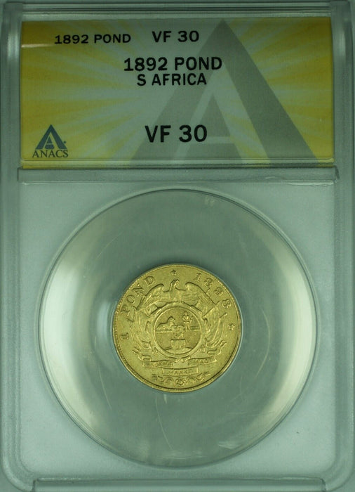 1892 South Africa Pond Gold Coin ANACS VF-30